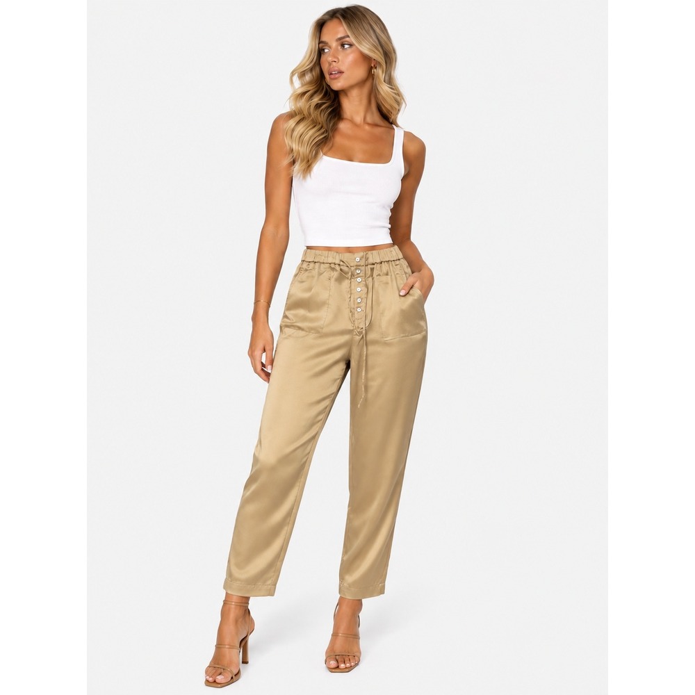 Zara Beige Satin Tapered Jogger Pants High Waist Button Fly Size S NWT